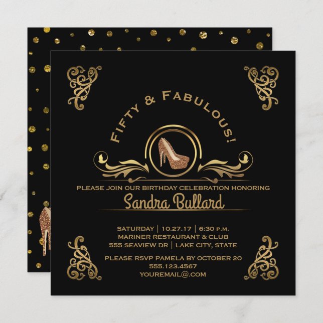 Invitation Cinquante et fabuleux talons or haute fête d'anniv (Devant / Derrière)