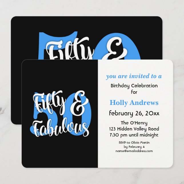 Invitation Cinquante et fête d'anniversaire bleue fabuleuse (Devant / Derrière)