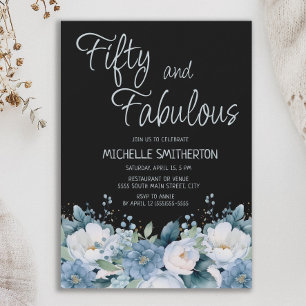 Invitation Cinquante Fabuleux Dusty Bleu Blanc Floral Noir 50