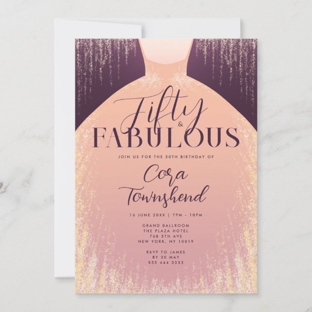 Invitation Cinquante & Fabuleux Élégante Robe Dorée 50e Anniv (Devant)