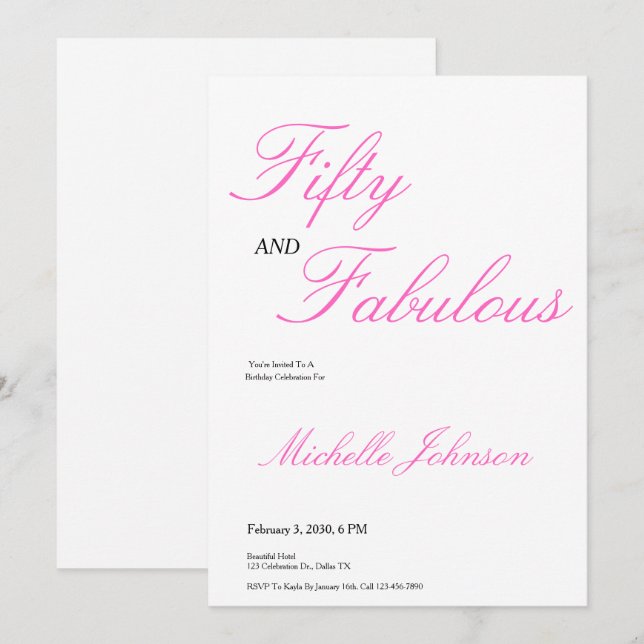 Invitation Cinquante & Fabuleux Fête d'anniversaire rose 50 a (Devant / Derrière)
