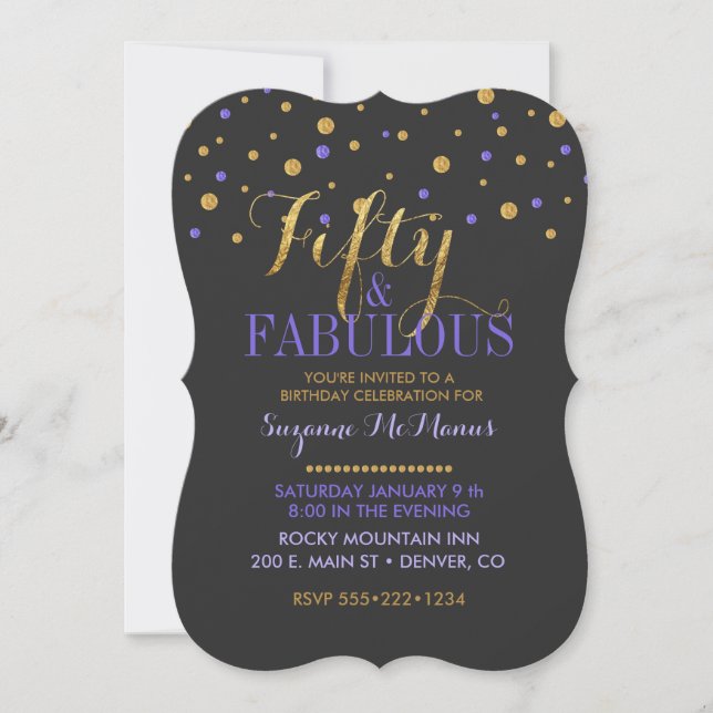 Invitation Cinquante & Fabuleux Points de Confettis Or et Vio (Devant)