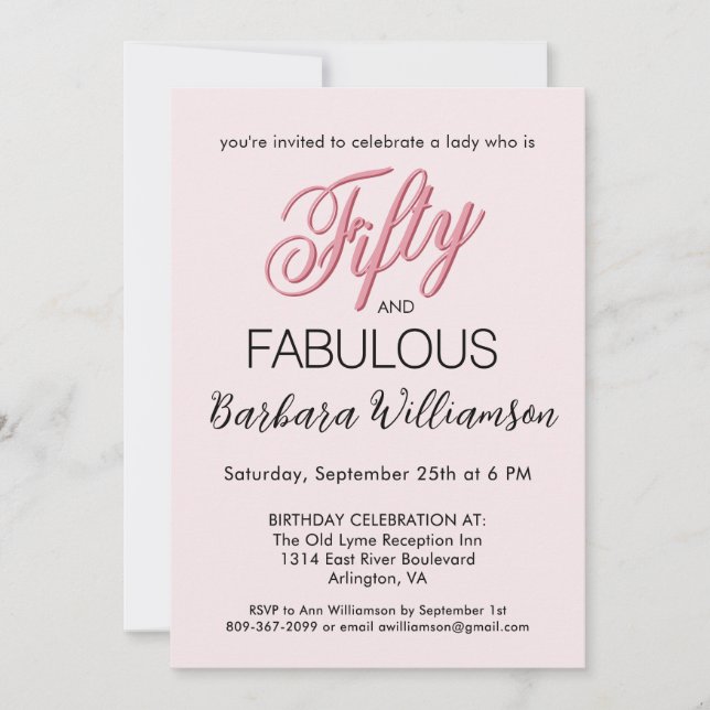 Invitation Cinquante & Fabuleux Rose Pâle Fête d'anniversaire (Devant)