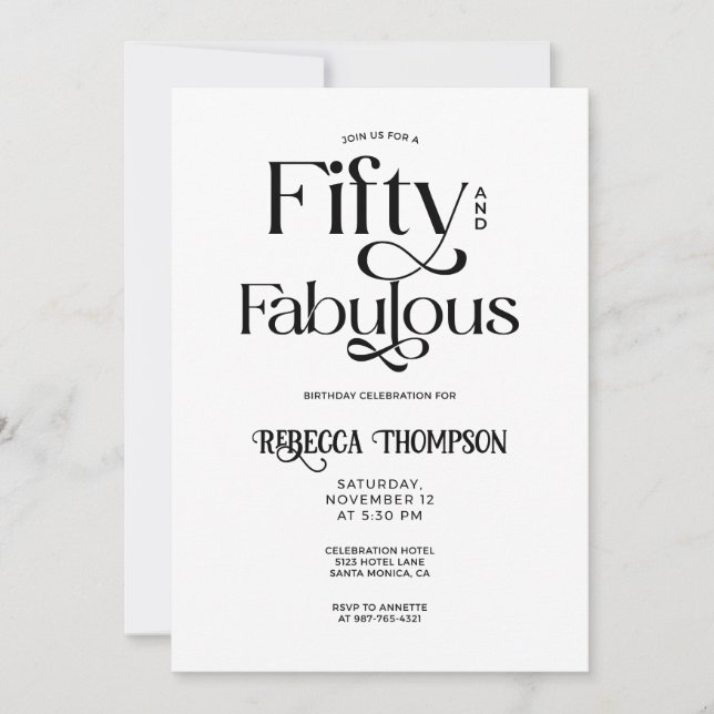 Invitation Cinquante Fantastique Noir Blanc Script 50e Annive (Devant)