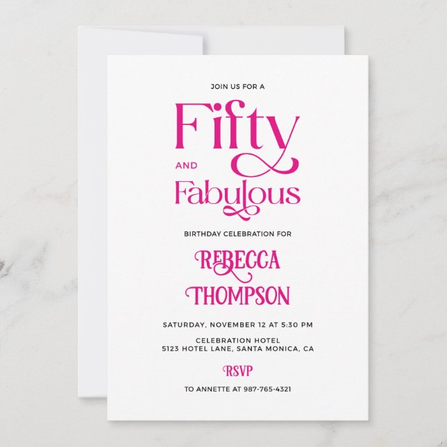 Invitation Cinquante Fantastique Rose Chaud Script 50e Annive (Devant)