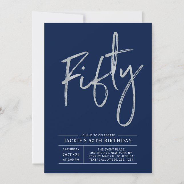 Invitation Cinquante | Fête d'anniversaire moderne brosse arg (Devant)