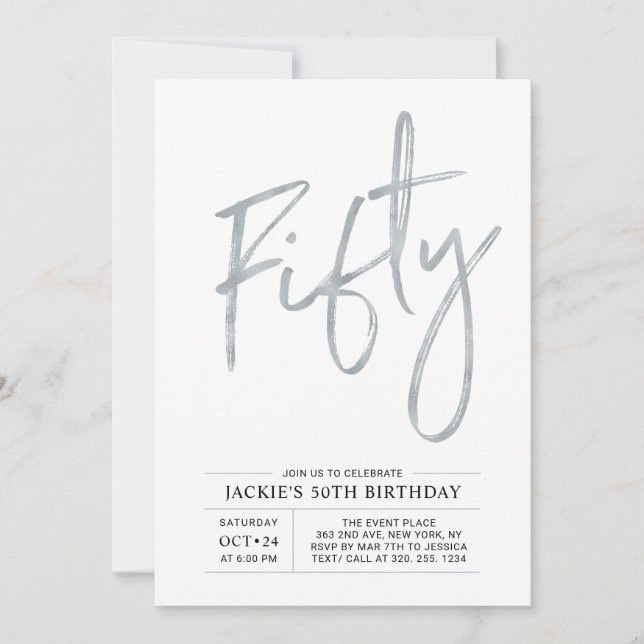 Invitation Cinquante | Fête d'anniversaire moderne brosse arg (Devant)