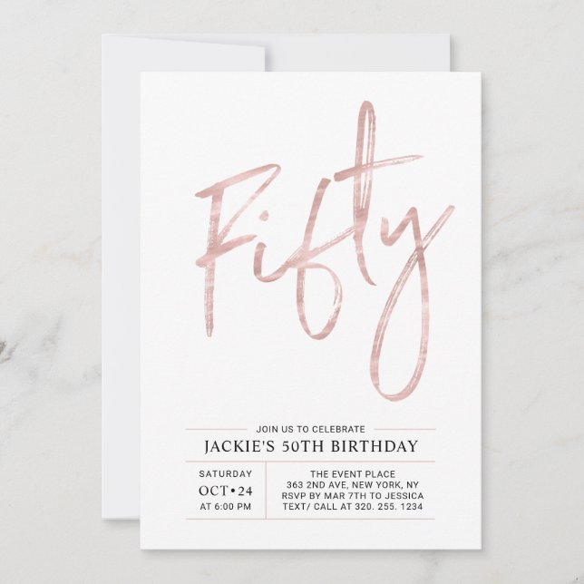 Invitation Cinquante | Modern Brush Rose Gold 50th Birthday P (Devant)