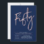 Invitation Cinquante | Modern Brush Rose Gold 50th Birthday P<br><div class="desc">Célébrez votre journée spéciale avec cette simple et élégante invitation à la fête du 50e anniversaire. Ce design est composé d'un script de brosse en or chic rose "Quarante" avec une disposition propre sur un arrière - plan bleu marine. Vous pouvez customiser le texte et la couleur arrière - plan....</div>