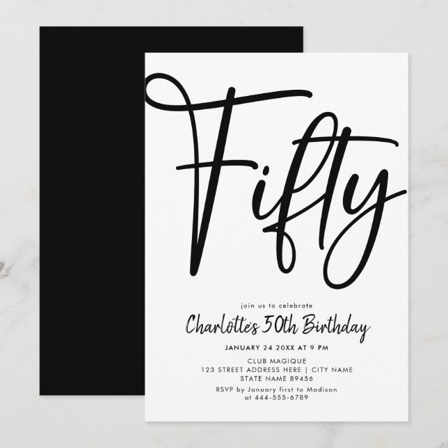Invitation Cinquante Moderne 50e Soirée d'Anniversaire Noir e (Devant / Derrière)