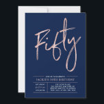 Invitation Cinquante | Moderne Rose Gold Anniversaire 50 ans<br><div class="desc">Célébrez votre jour spécial avec cette invitation simple et élégante pour une fête d'anniversaire de 50 ans. Ce design présente un lettrage brosse rose gold chic "Cinquante" avec une mise en page épurée sur fond bleu marine. Vous pouvez personnaliser le texte et la couleur de fond. Plus de designs et...</div>