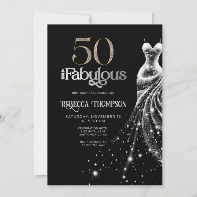 Invitation Cinquante Robe Argentée Fabuleuse Noir 50e Anniver (Devant)