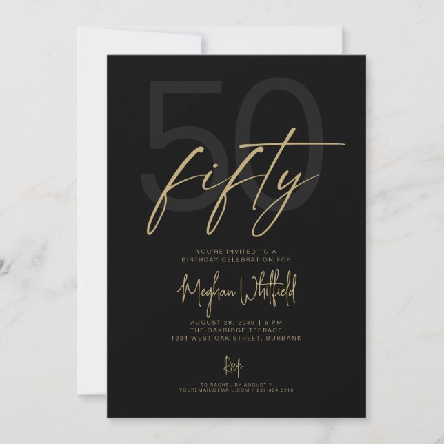 Invitation Cinquante Script Moderne Noir Anniversaire 50 ans (Devant)