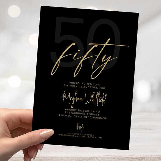 Invitation Cinquante Script Moderne Noir Anniversaire 50 ans (Créateur téléchargé)