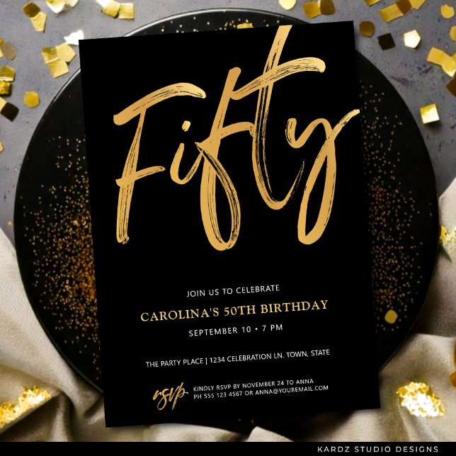 Invitation Cinquante Script Moderne Or Noir 50e Anniversaire (Faux gold invite shown in 5x7 inches with square corners. Choose corner, paper and size.)