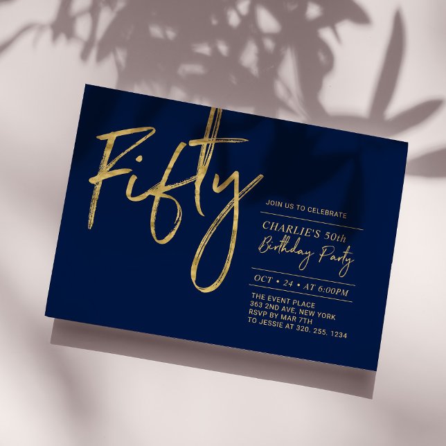 Invitation Cinquante | Soirée d'anniversaire moderne Navy & O (Créateur téléchargé)