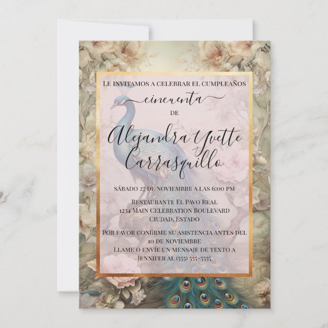 Invitation Cinquantenaire Fantaisie Paon Vintage Espagnol (Devant)