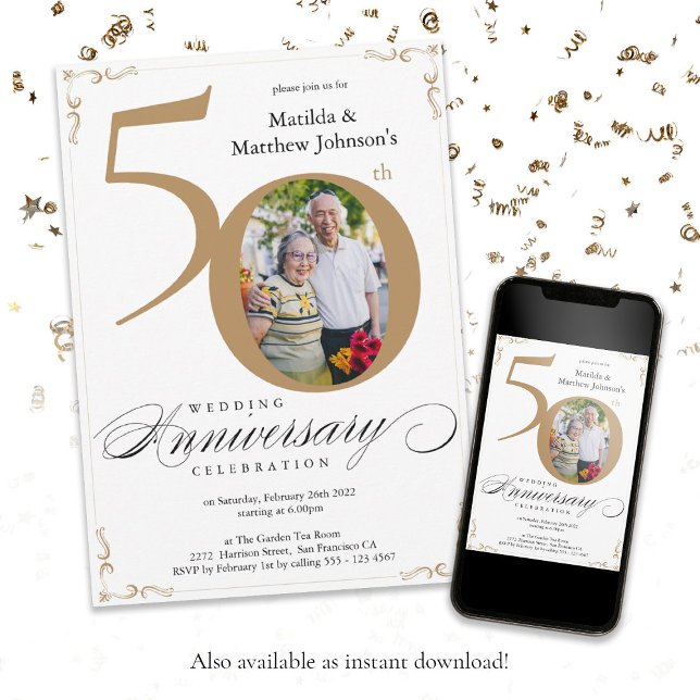Invitation Cinquantième anniversaire de mariage calligraphié  (White Gold Calligraphy 50th Wedding Anniversary Invitation)