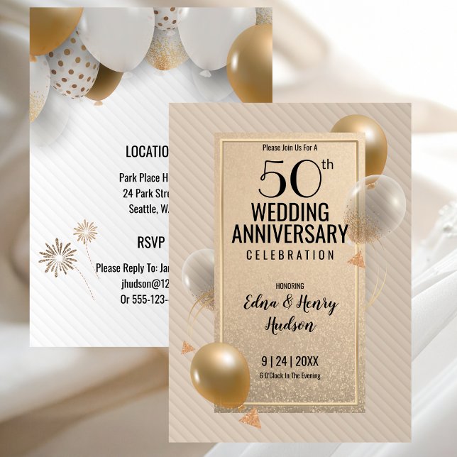 Invitation Cinquantième anniversaire de mariage d'or (Golden 50th Wedding Anniversary Invitation with Gold and White)