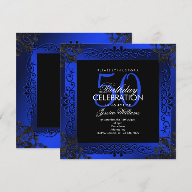 Invitation Cinquantième anniversaire encadré décoratif bleu (Devant / Derrière)