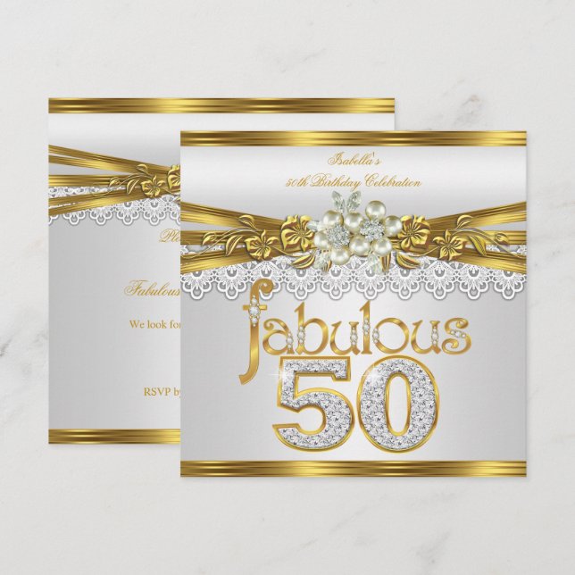 Invitation Cinquantième Anniversaire Fabuleux Perle Blanche B (Devant / Derrière)