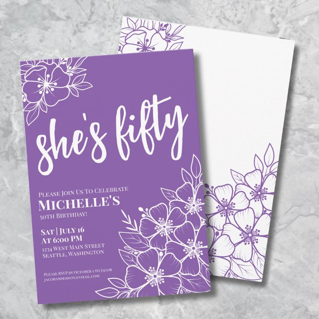 Invitation Cinquantième anniversaire violet cinquante (Elegant Fifty Purple 50th Birthday Party Invitation)