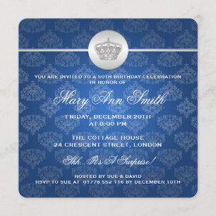 Invitation Cinquantième bleu royal élégant de couronne de
