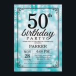 Invitation cinquantième Parties scintillantes turquoises<br><div class="desc">cinquantième Invitation d'anniversaire avec les lumières turquoises de ficelle avec l'arrière - plan turquoise de parties scintillantes. Anniversaire turquoise. Anniversaire adulte. Invitation d'anniversaire d'hommes ou de femmes. 13ème 15ème 16ème 18ème 20ème 21ème 30ème quarantième cinquantième soixantième soixante-dixième quatre-vingtième quatre-vingt-dixième 100th, tout âge. Pour davantage de personnalisation, cliquez sur svp la...</div>
