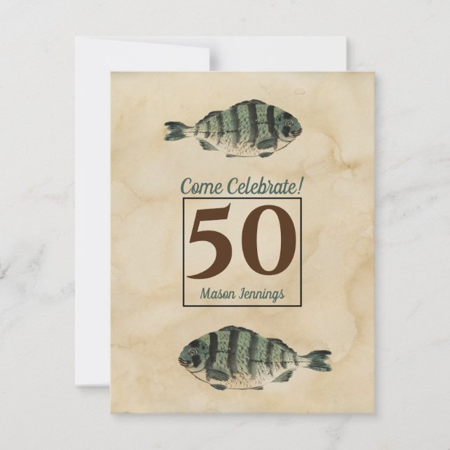 Invitation cinquantième Poissons vintages d'aquarelle (Devant)