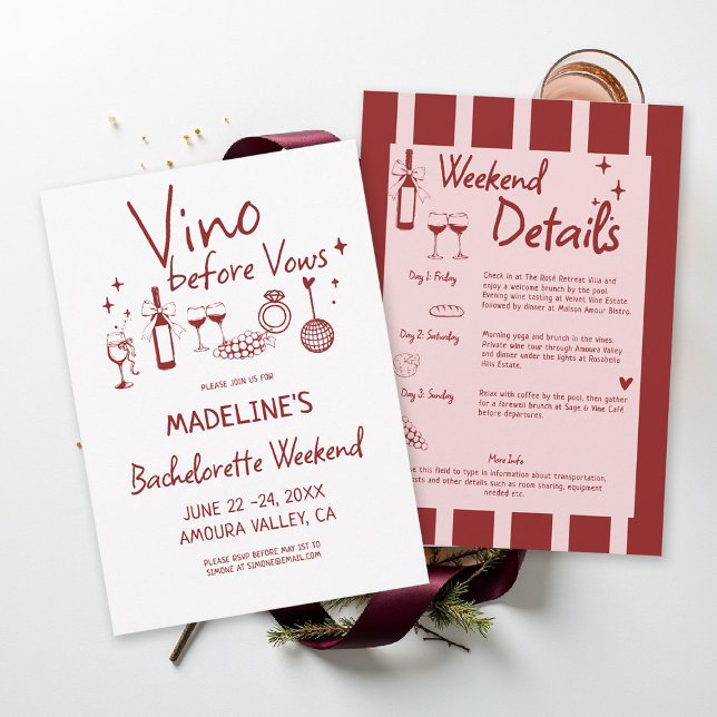 Invitation Circuit de dégustation de vin de célibataire de vi (winery bachelorette party invitation wine tasting girls trip weekend burgundy red stripes)