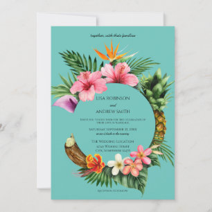 Invitation Circulaire Tropical Hawaiian Floral Mariage - Bleu