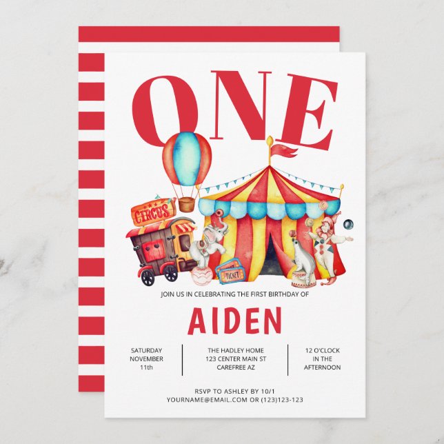 Invitation Circus Big Top 1er anniversaire (Devant / Derrière)