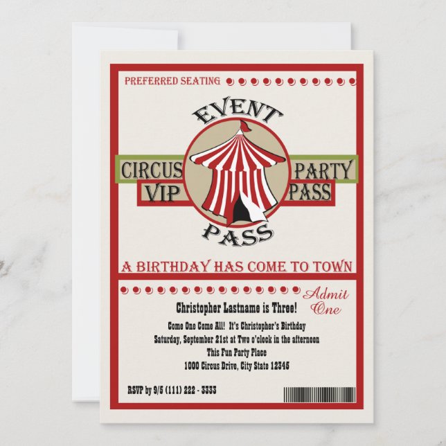 Invitation Circus Birday Party Event Pass (Devant)