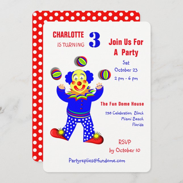 Invitation Circus Clowns Fun Anniversaire de enfant Party mod (Devant / Derrière)