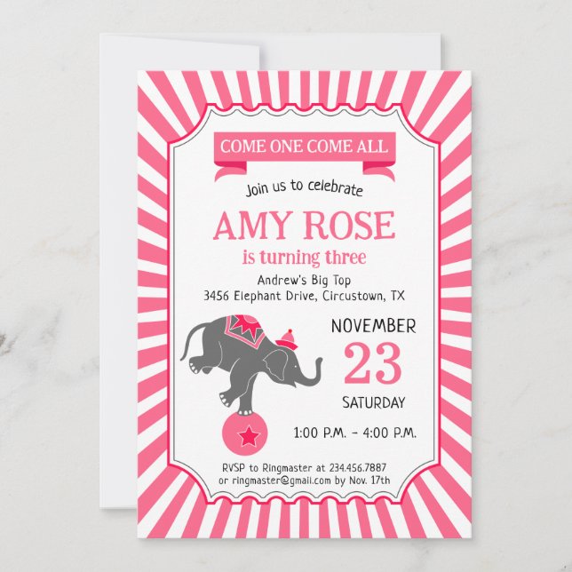 Invitation Circus Elephant Birthday Party (Devant)