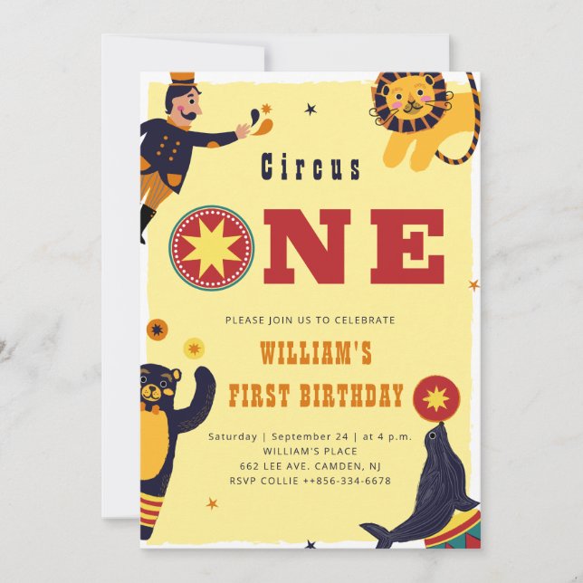Invitation Circus One Cute Animaux Afficher 1er Anniversaire (Devant)