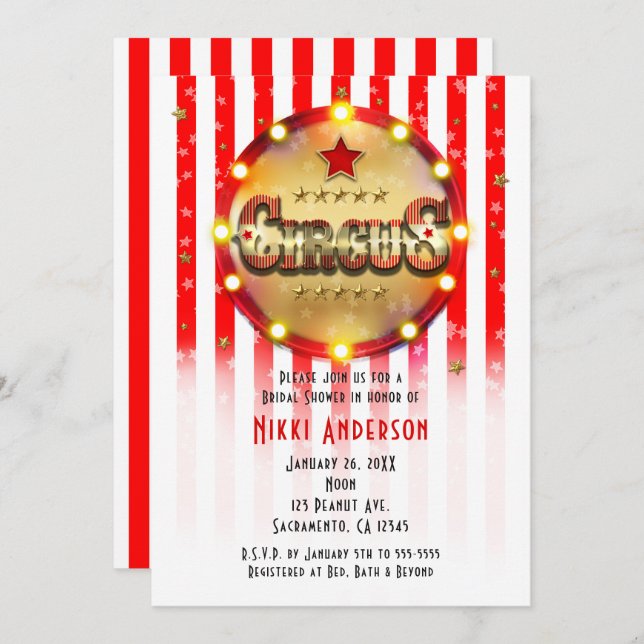 Invitation Circus Party Event Rouge Blanc Or rayé (Devant / Derrière)