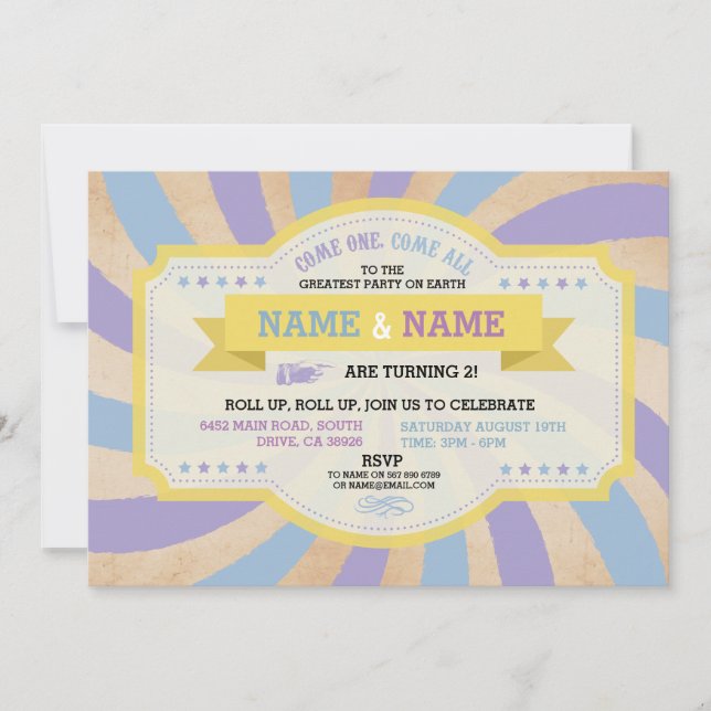 Invitation Circus Twins fête d'anniversaire Carnaval bleu Inv (Devant)