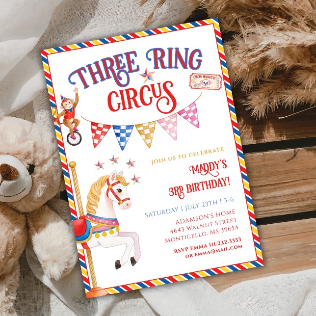 Invitation Cirque à Trois Anneaux Animaux Mignons Fête d'anni (Créateur téléchargé)