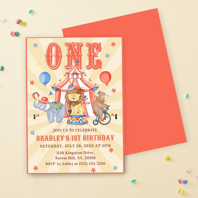 Invitation Cirque Carnaval & Animaux 1er anniversaire Invitat (Créateur téléchargé)