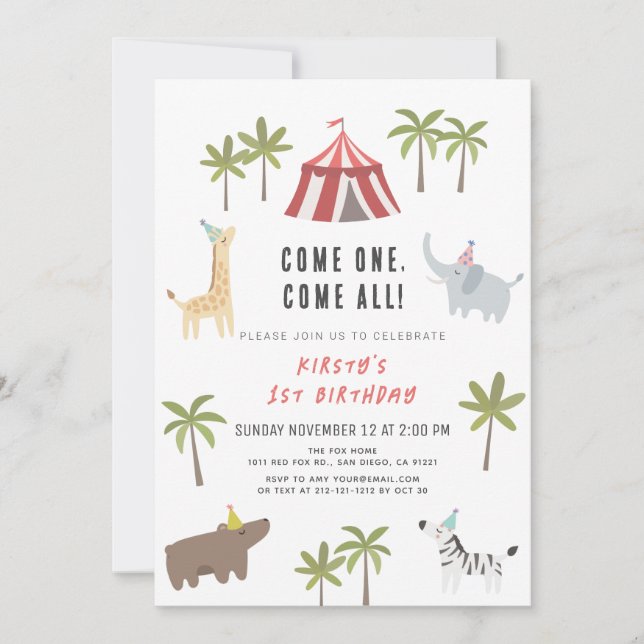 Invitation Cirque Carnaval Animaux 1er anniversaire Invitat (Devant)