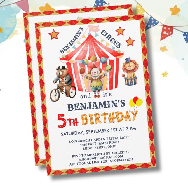 Invitation Cirque Carnaval Big Top Garçon 5ème Anniversaire (Créateur téléchargé)