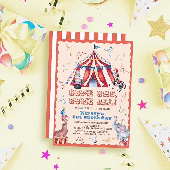 Invitation Cirque Carnaval Tente Animaux 1er anniversaire (Créateur téléchargé)