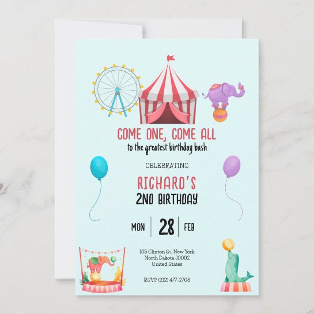 Invitation Cirque Carnaval Thème Fête d'anniversaire pour enf (Devant)