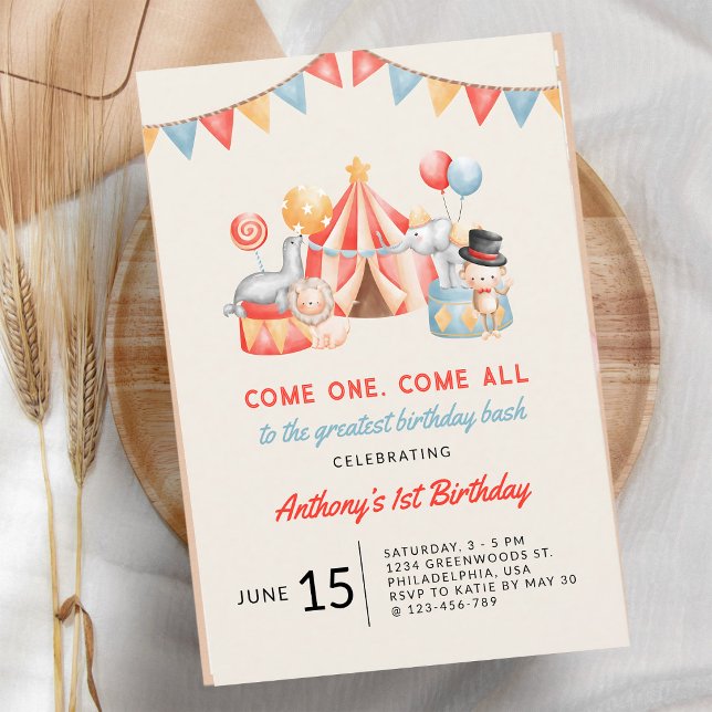 Invitation Cirque Fiesta Premier Anniversaire Moderne Mignon (Créateur téléchargé)