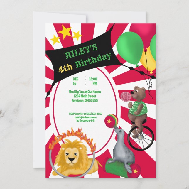 Invitation Cirque Fun Whimsical Animal couleur primaire (Devant)