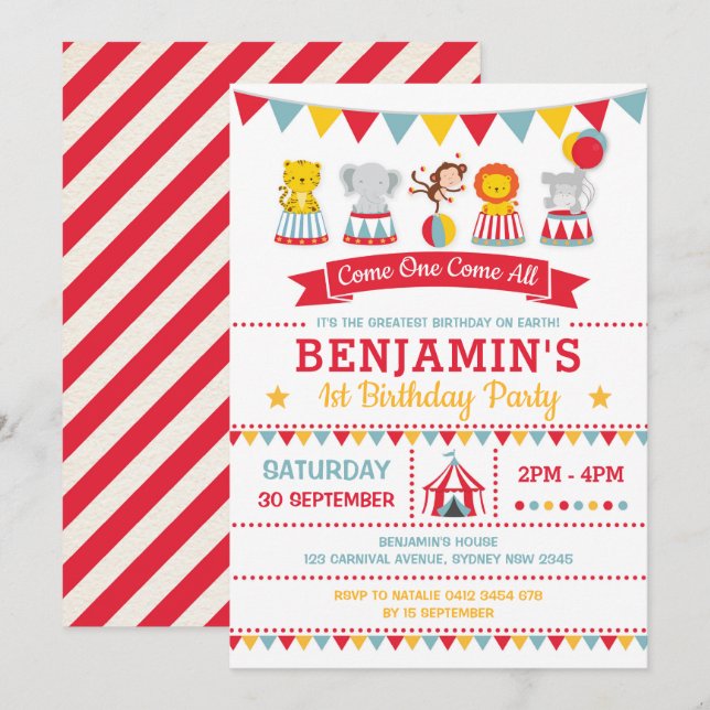Invitation Cirque Vintage Anniversaire Carnaval Bébé Animaux (Devant / Derrière)
