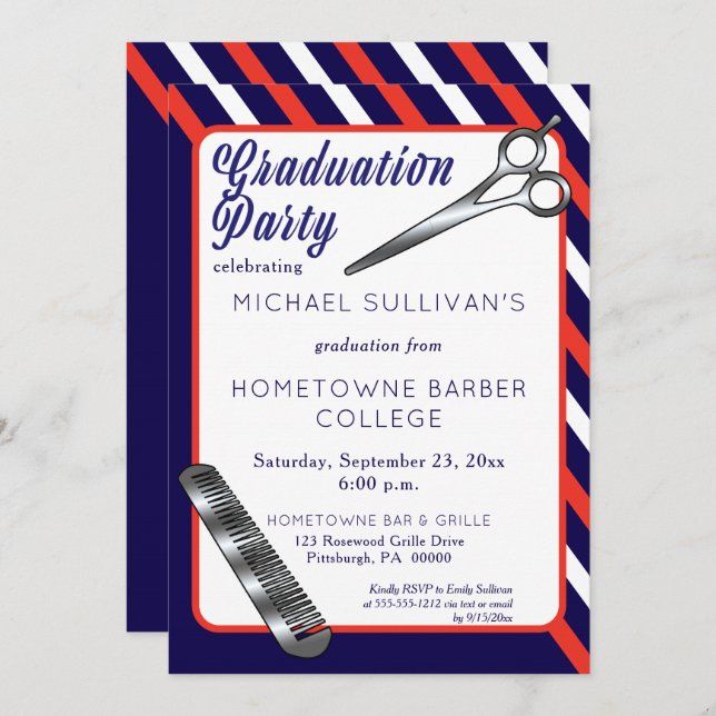 Invitation Ciseaux | Comb Barber School Graduation Party (Devant / Derrière)