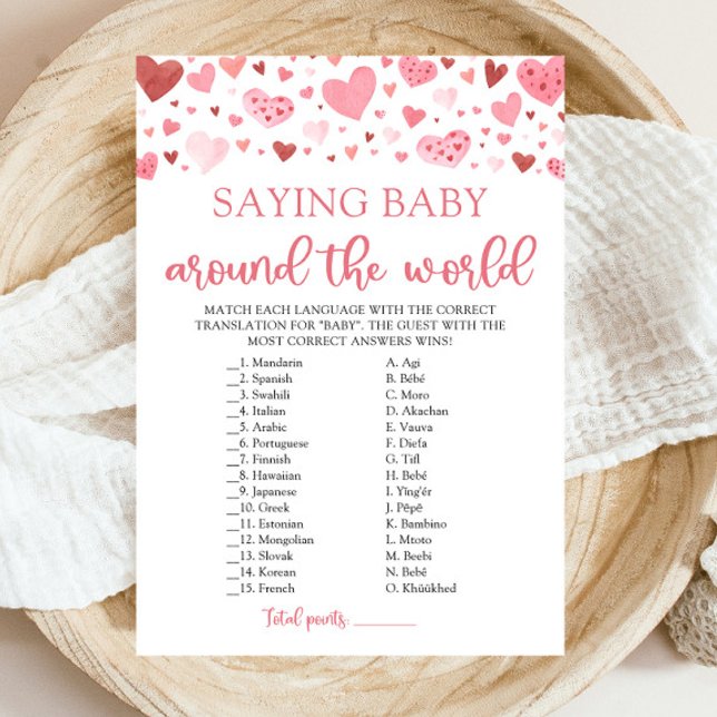 Invitation Citation de la Saint-Valentin Bébé autour du Monde (Watercolor Pink Red Hearts Valentine Sweetheart Girl Saying Baby Around The World Baby Shower Game)