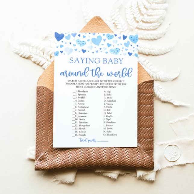 Invitation Citation de la Saint-Valentin Bébé autour du Monde (Watercolor Cute Blue Hearts Valentine Sweetheart  Boy Saying Baby Around The World Baby Shower Game)